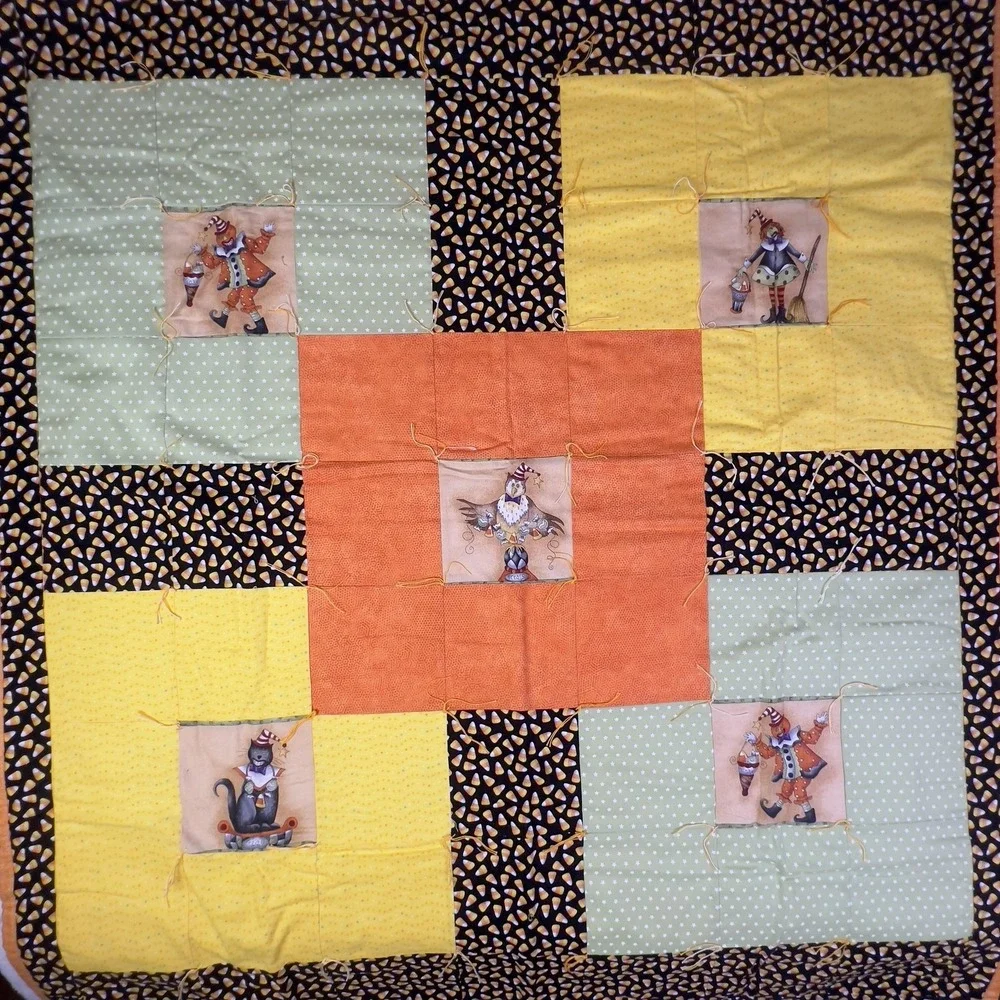 Handmade Halloween Patchwork Quilt Kids 47x38.5 Candy Corn Cat‎ Tote Bag Set